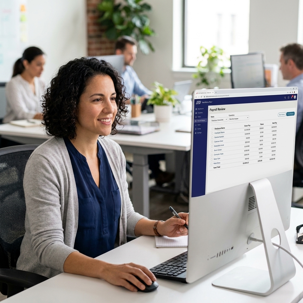 A payroll specialist looking at an ADP Workforce Now-style payroll review screen on a desktop monitor in a shared office