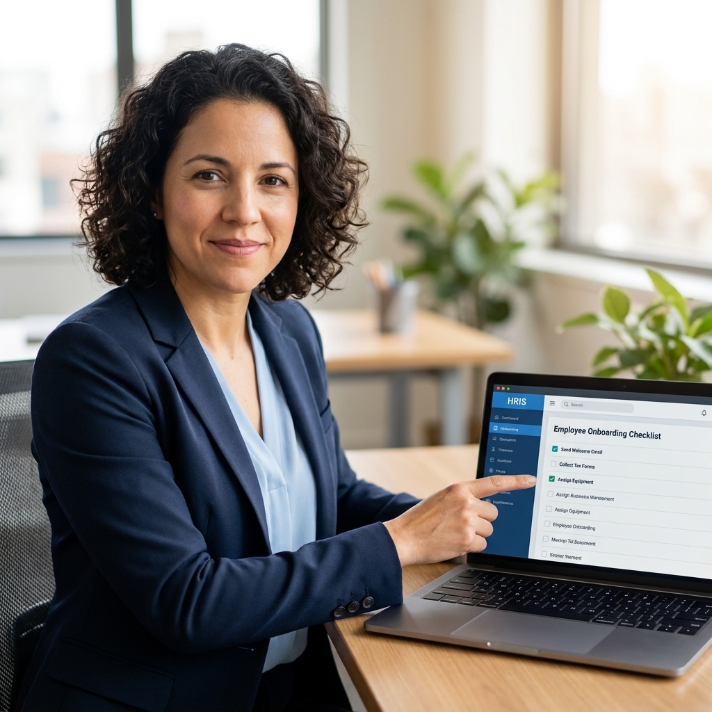 A people operations lead walking through an HRIS workflow on a laptop, with an employee onboarding checklist visible on screen