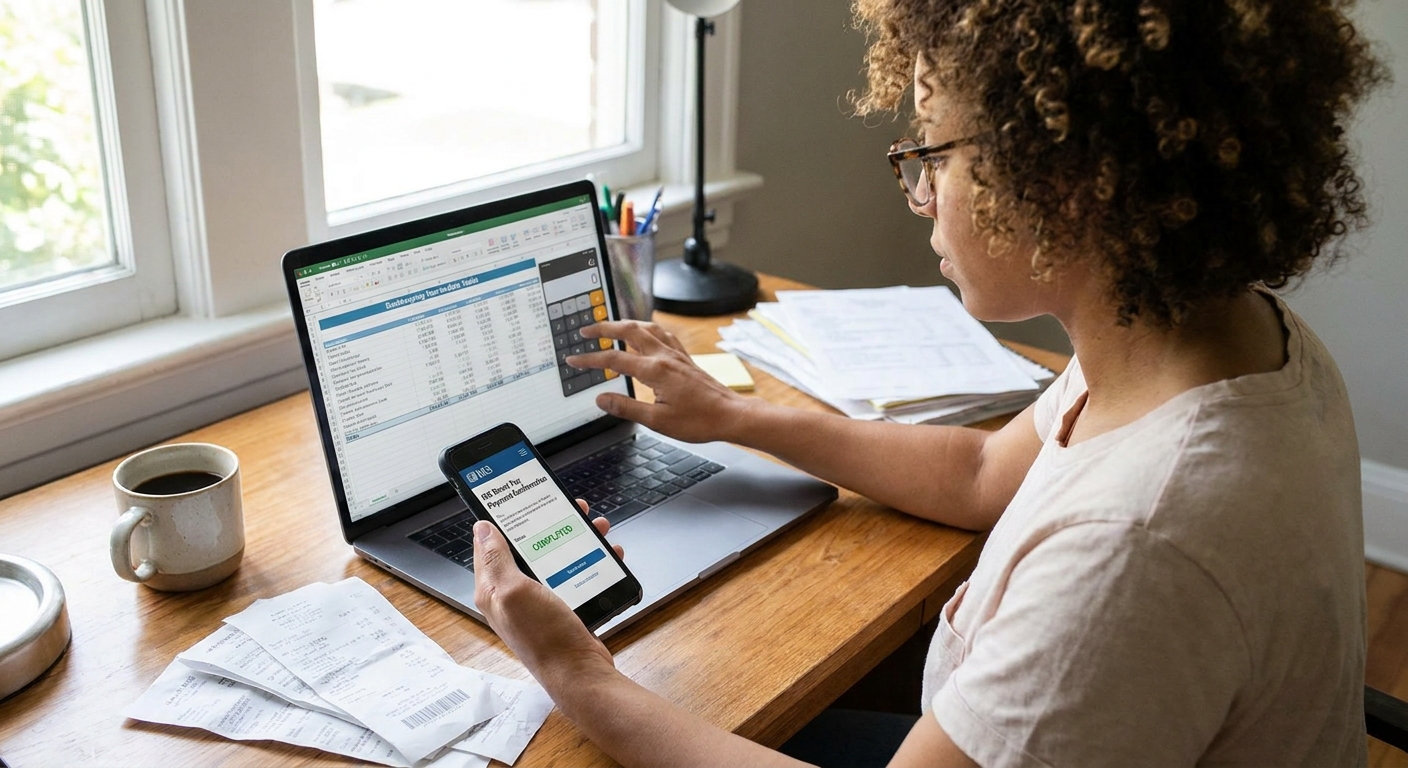 A person checking a federal tax payment confirmation on a phone while reviewing bookkeeping totals on a laptop