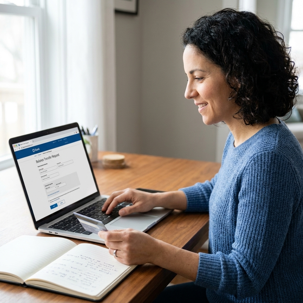 A person entering a balance transfer request on a bank website using a laptop at a desk with a credit card and notebook nearby