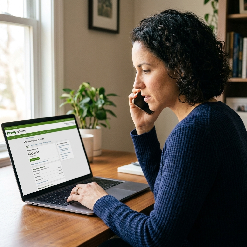 A person holding a phone while logged into a retirement plan website on a laptop, making a customer service call about a 401(k) account