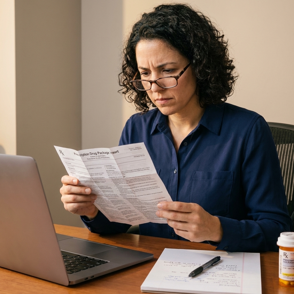 A person holding a printed prescription drug package insert document at a desk with a laptop and notepad, suggesting careful review of labeling details