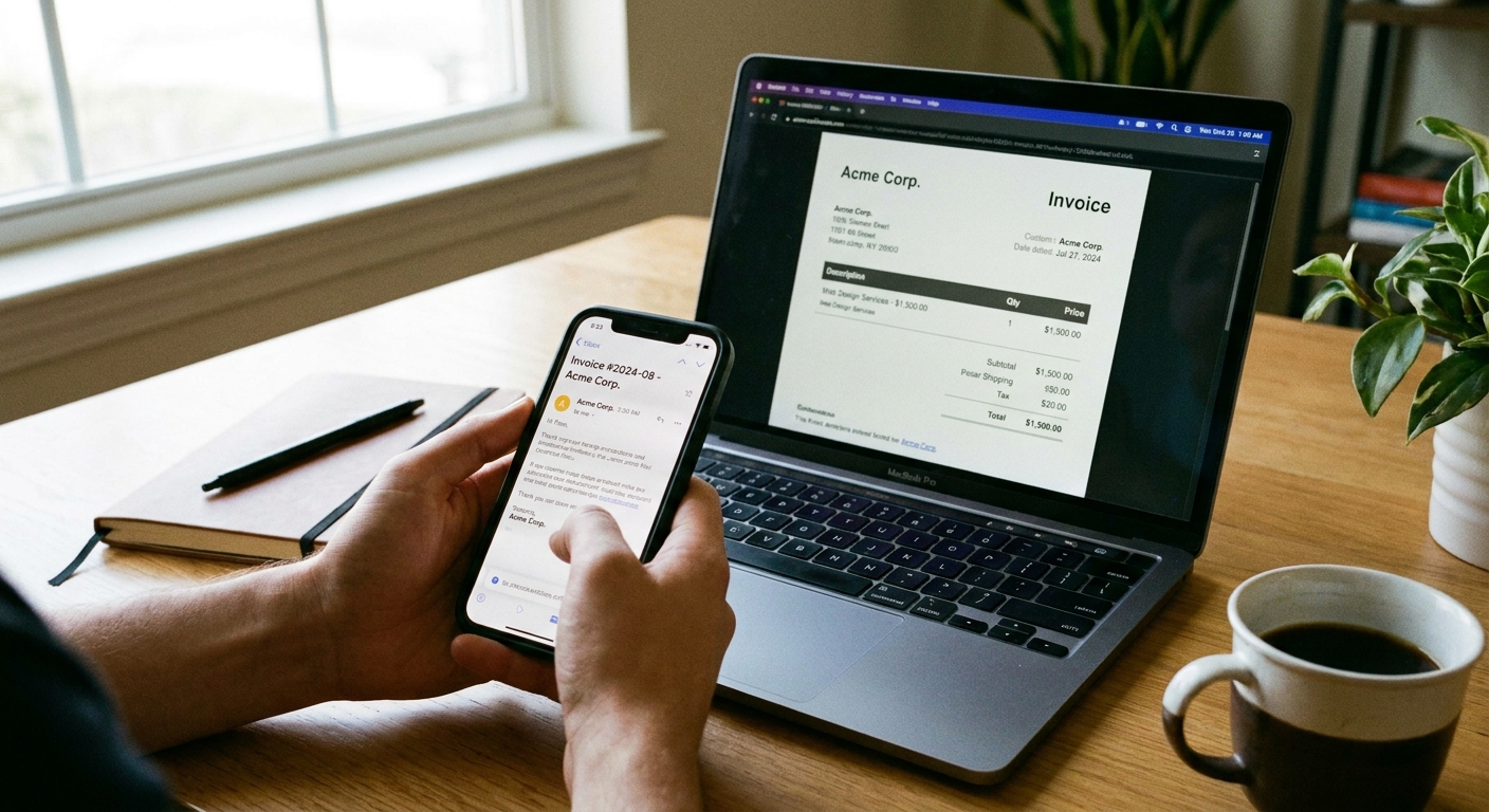 A person holding a smartphone open to an email app while sitting at a desk with a laptop showing an invoice PDF on the screen