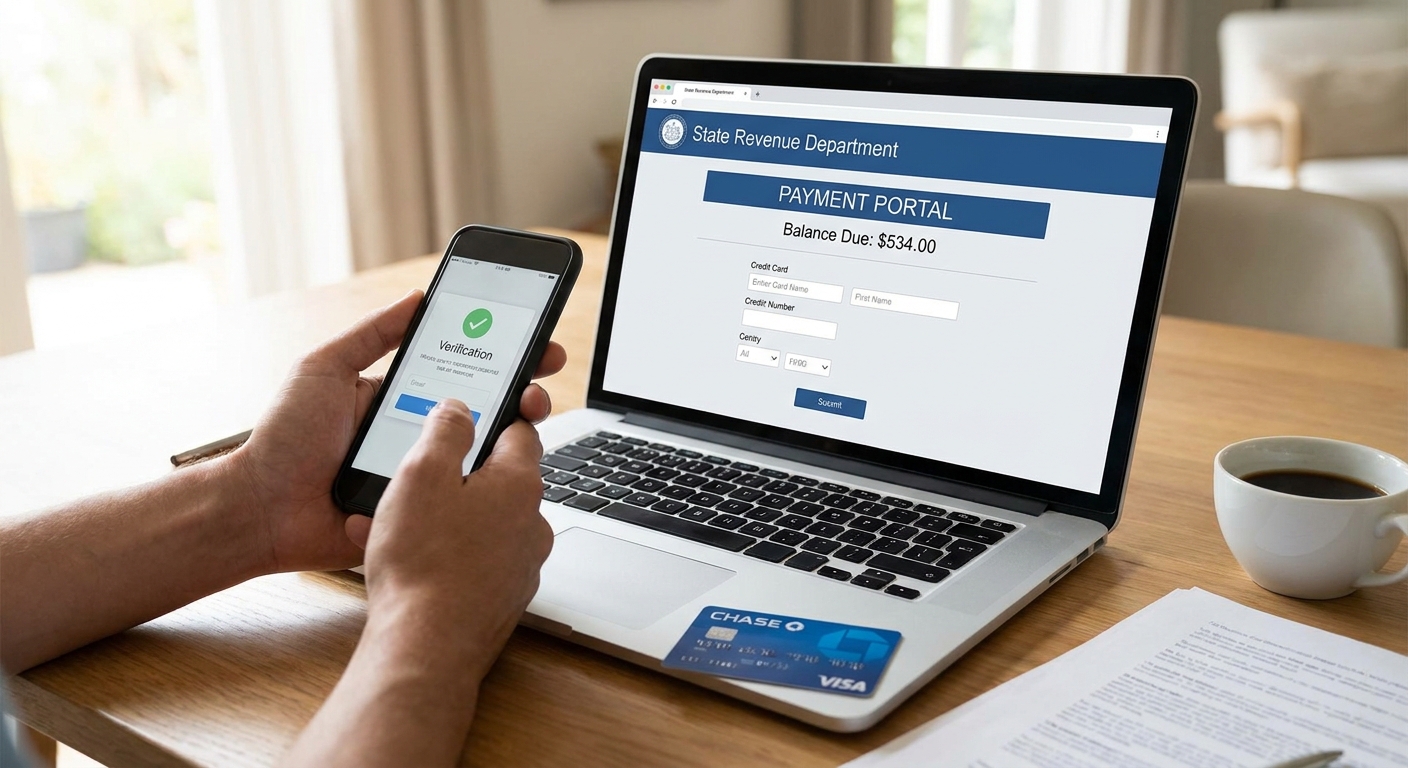 A person holding a smartphone while viewing a state revenue department payment page on a laptop, with a credit card resting on the table