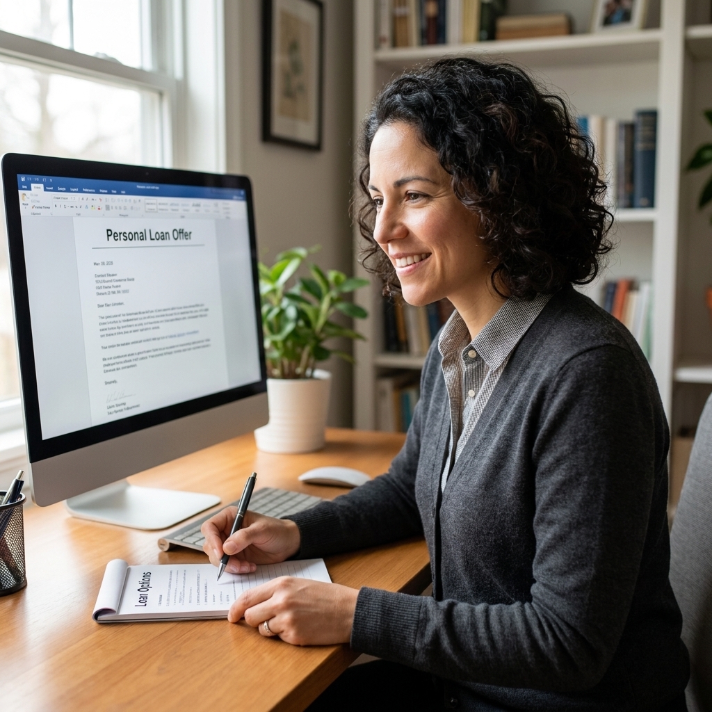 A person in a home office reviewing a personal loan offer on a computer screen while holding a pen over a notepad