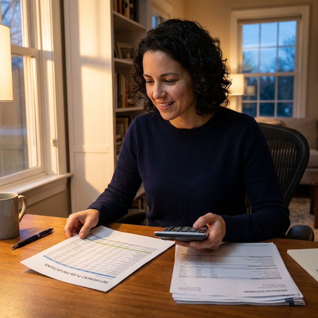 A person in a home office reviewing a retirement plan spreadsheet with a calculator and brokerage statements on a desk, evening window light