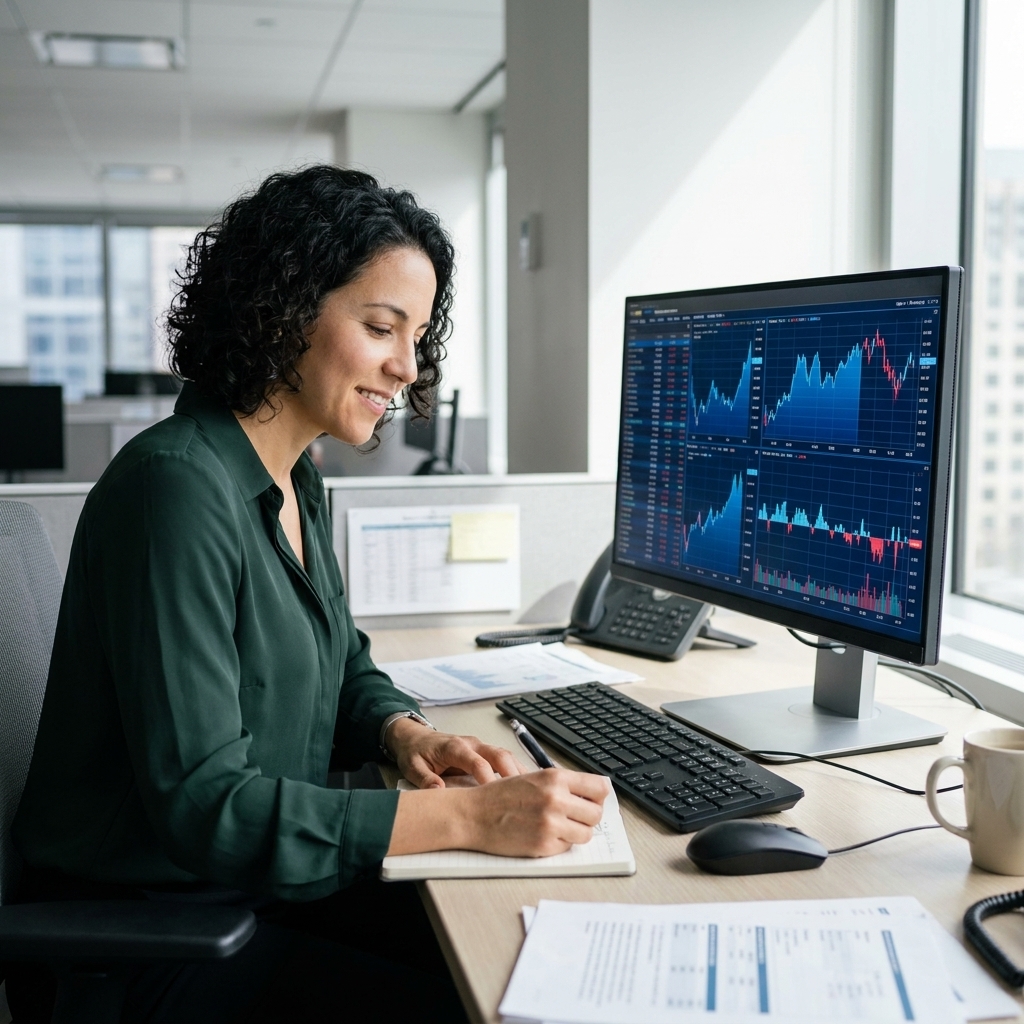 A person in an office reviewing market data on a computer monitor while taking notes with a pen