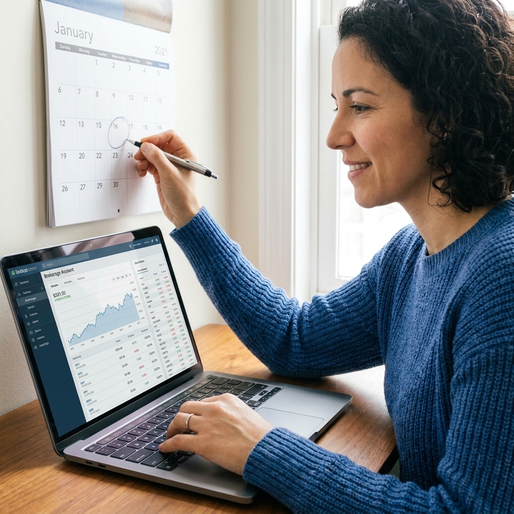 A person marking dates on a paper calendar beside a laptop with a brokerage account open