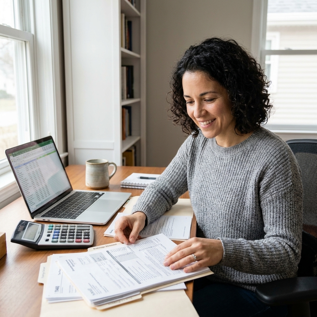 A person organizing brokerage statements and tax documents in a tidy home office with a laptop and calculator on the desk
