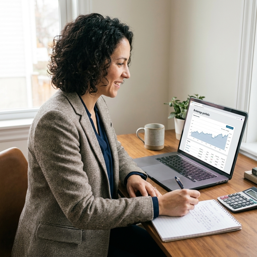 A person reviewing a brokerage portfolio on a laptop at a tidy home desk with a notepad and calculator