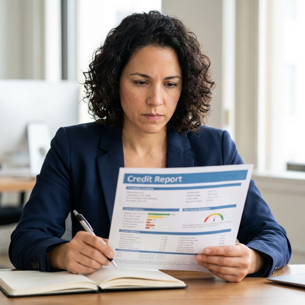 A person reviewing a printed credit report at a desk with a notebook and pen, focused and serious expression