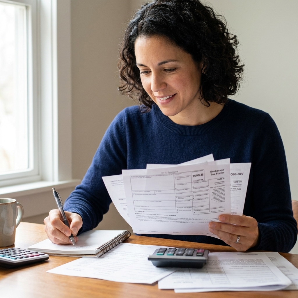 A person reviewing brokerage tax forms and a notebook at a home desk with a calculator nearby, warm natural light