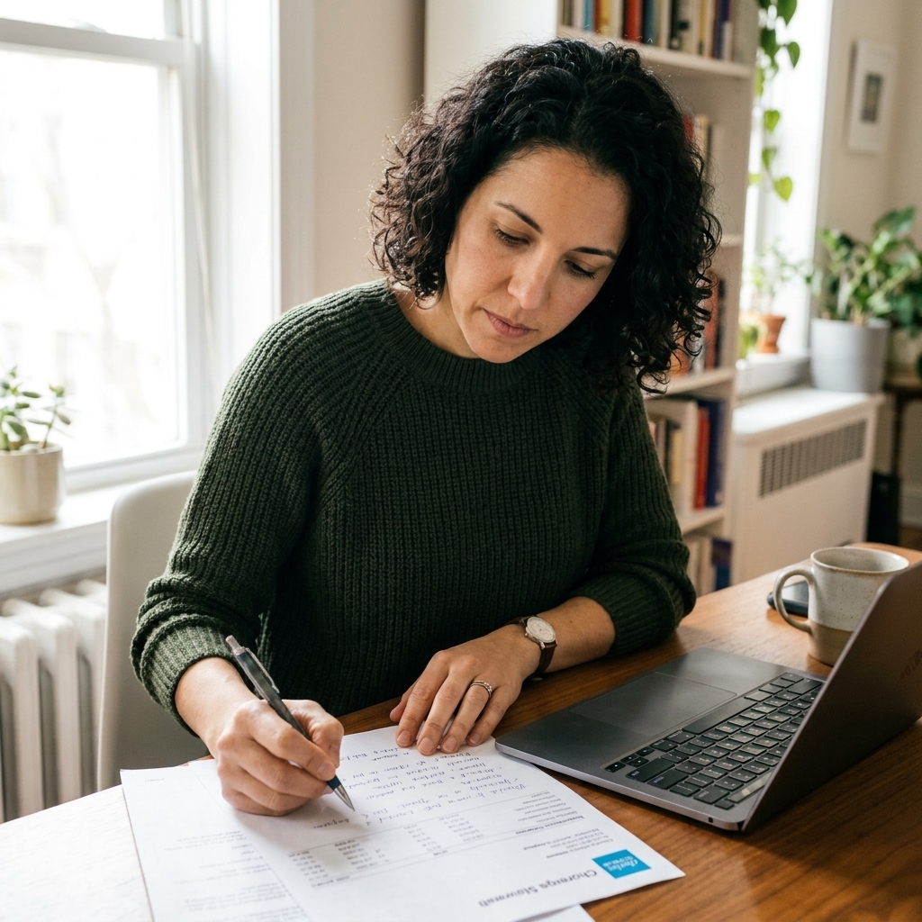 A person reviewing investment notes and a brokerage statement at an apartment desk