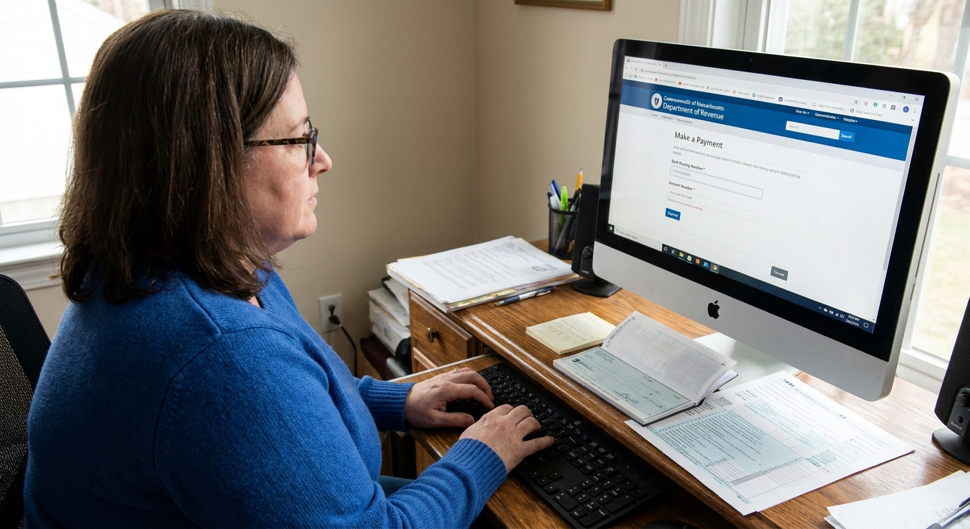 A person seated at a desk entering bank information into a state estimated tax payment portal on a desktop computer