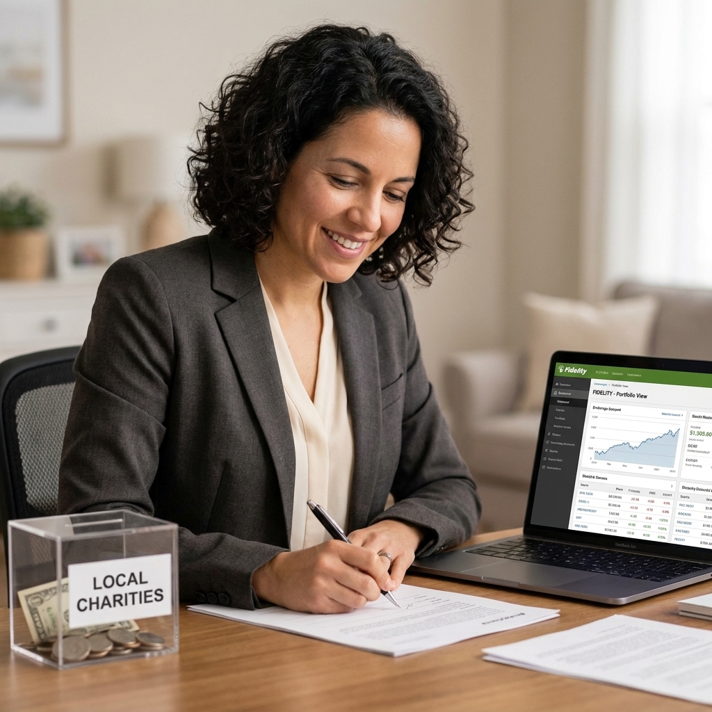 A person signing paperwork at a desk with a small charity donation box nearby and a laptop open to a brokerage account page