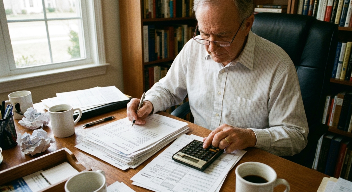 A person sitting at a desk reviewing brokerage statements and tax forms with a pen and calculator