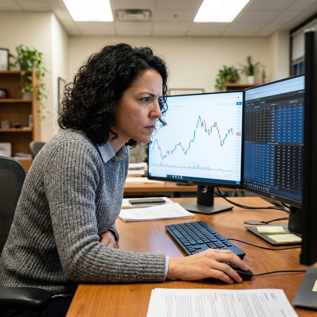 A person sitting at a desk with dual monitors displaying a stock price chart and an options chain, focused expression, office lighting