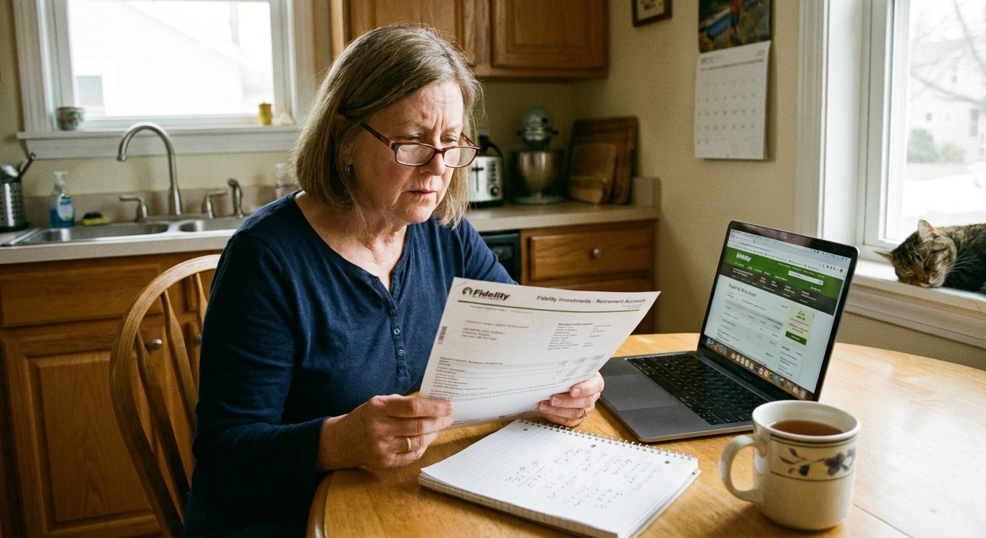 A person sitting at a kitchen table reviewing a retirement account statement and handwritten notes, with a laptop open nearby, natural daylight