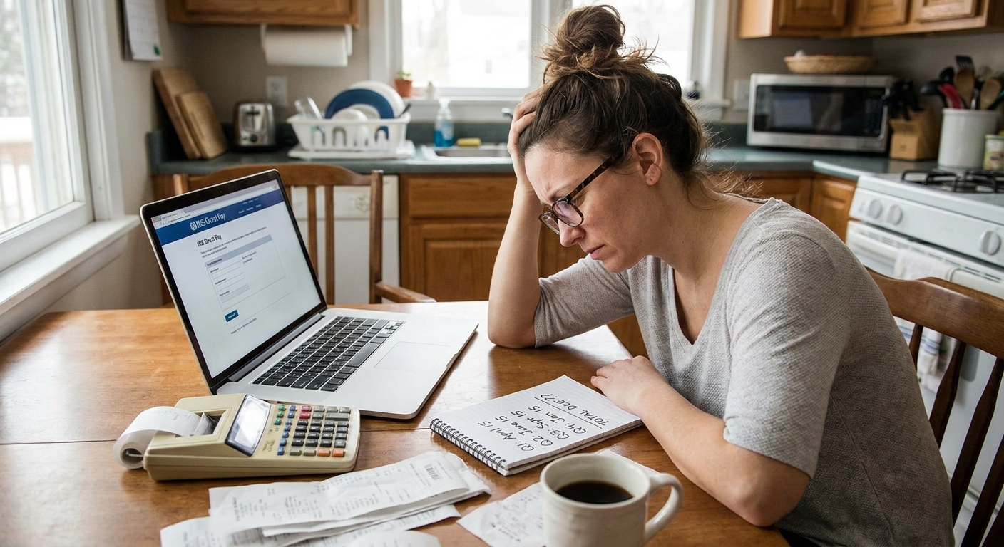 A person sitting at a kitchen table with a laptop open to a tax payment webpage, a calculator, and a notepad with handwritten quarterly due dates
