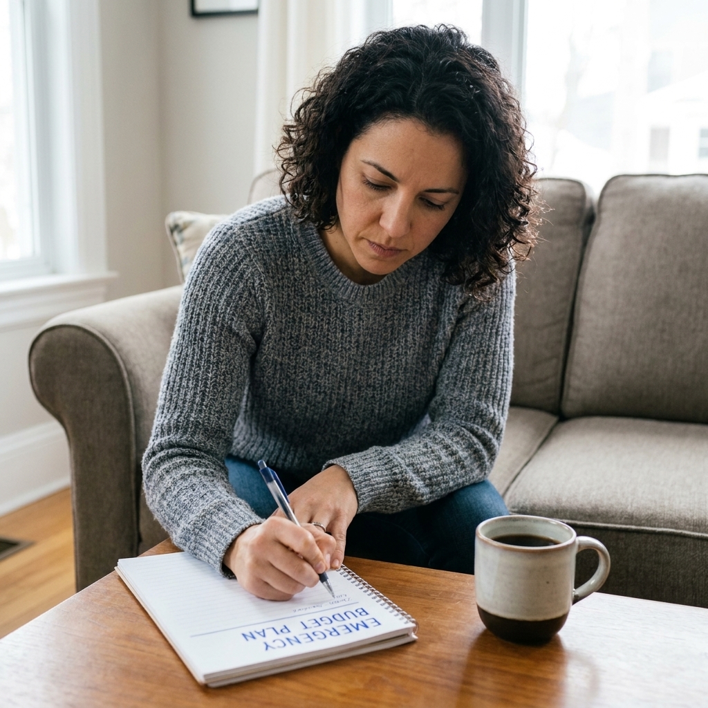 A person sitting on a sofa writing an emergency budget plan in a notebook with a pen and a mug on a coffee table