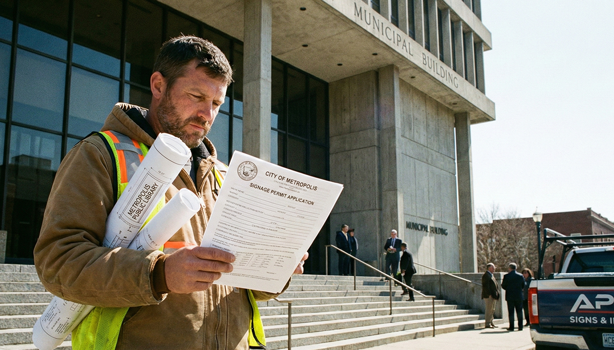 A person standing at a municipal service counter submitting paperwork for a business permit at a city office