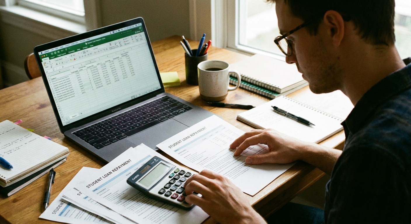 A person using a calculator next to an open laptop while reviewing student loan repayment numbers at a desk