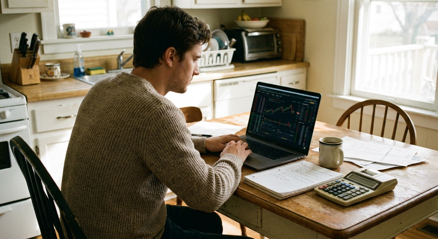 A person viewing a stock trading account on a laptop at a kitchen table, with a notebook and calculator nearby
