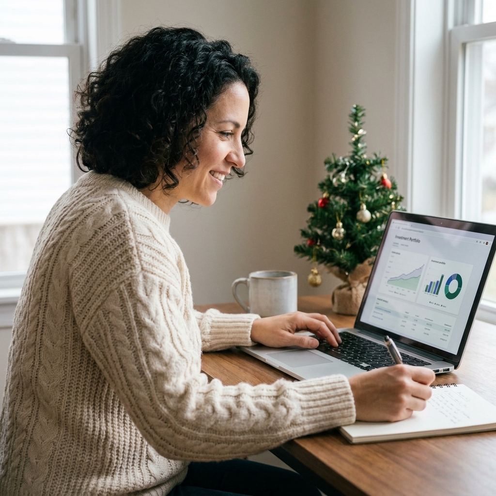 A person viewing an investment portfolio on a computer screen while taking notes with a pen at a home desk in December