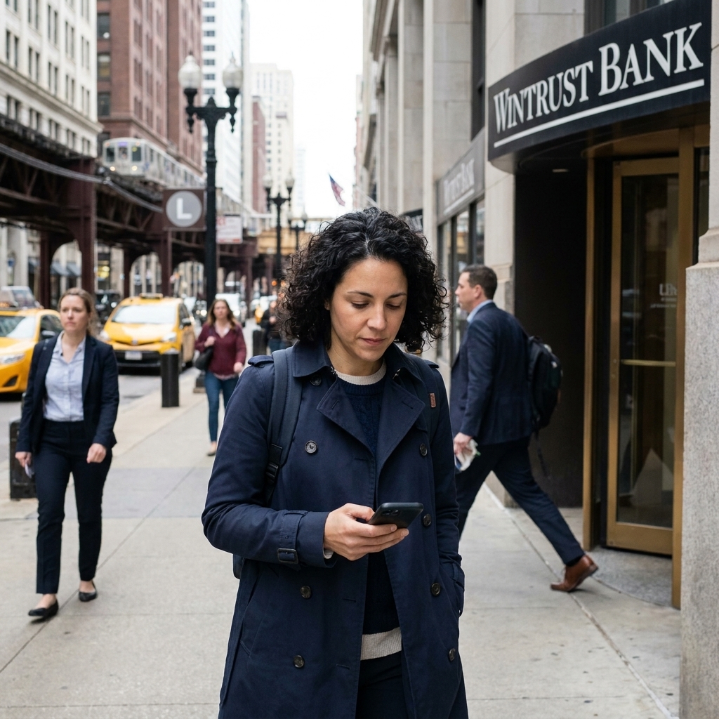 A person walking past a downtown Chicago bank branch entrance on a weekday, carrying a backpack and checking their phone