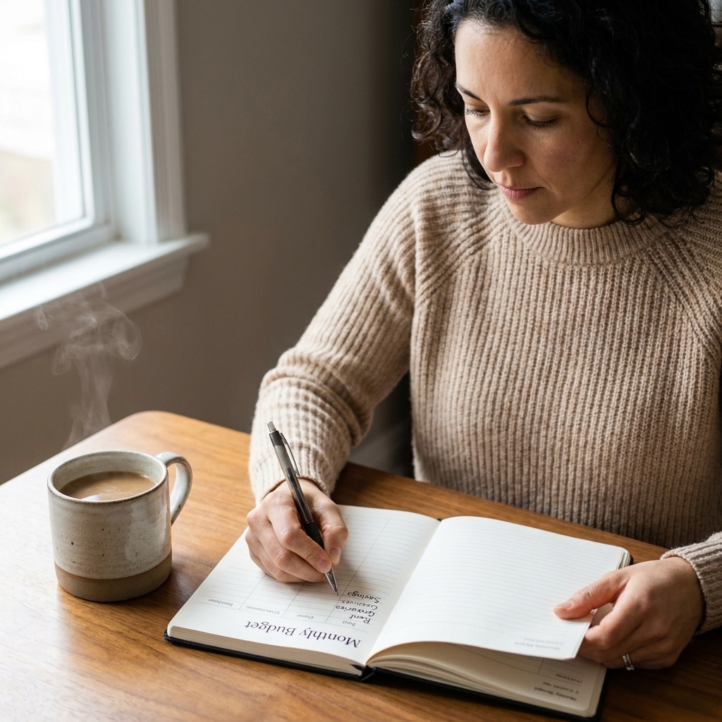 A person writing a monthly budget in a notebook next to a cup of coffee on a wooden table