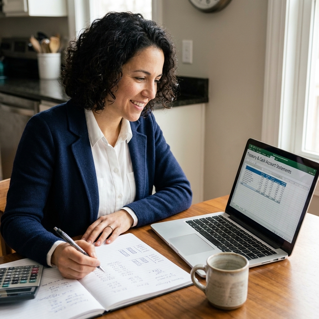 A photograph of a person reviewing treasury and cash account statements on a laptop at a kitchen table with a notebook and a calculator