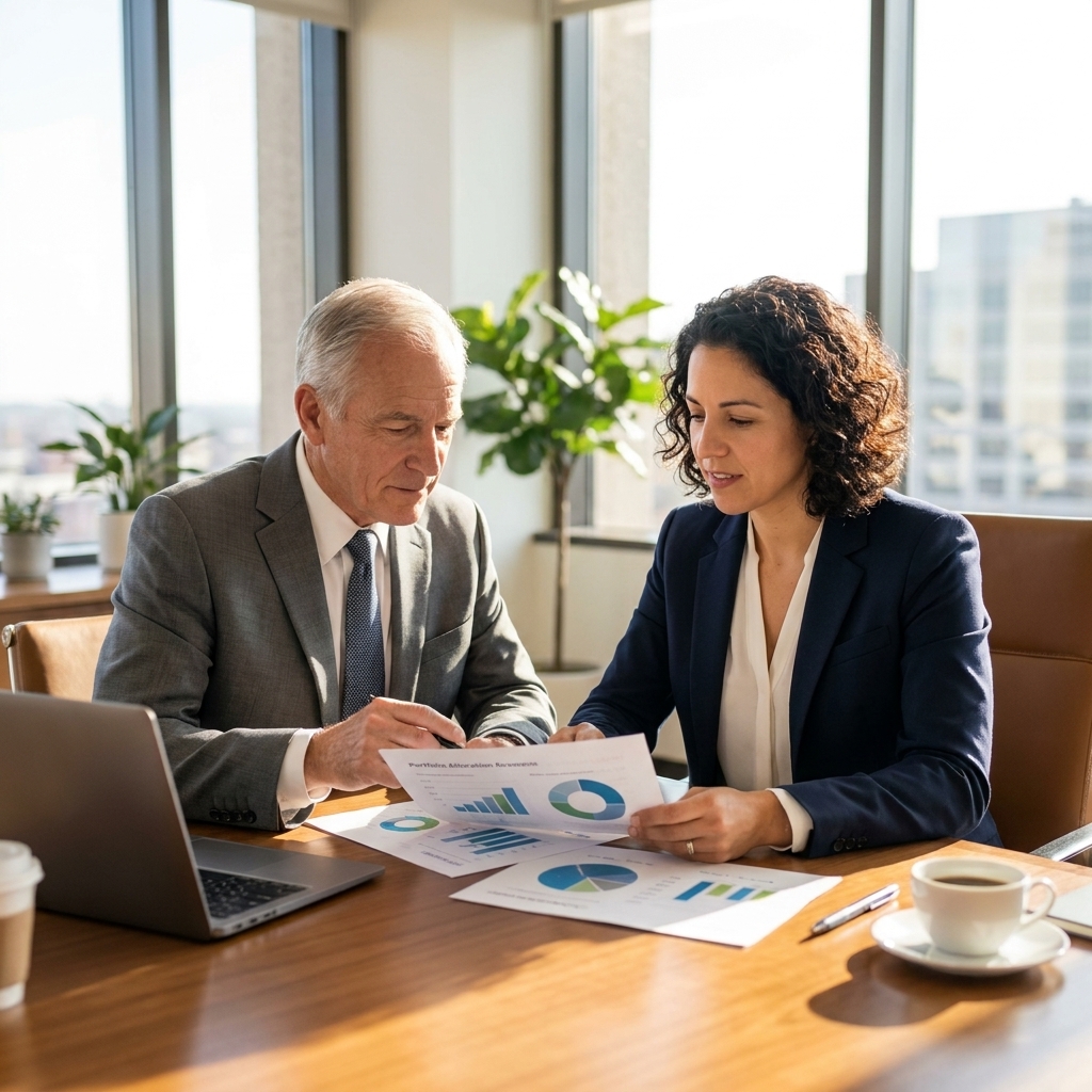 A professional advisor and an investor reviewing printed portfolio allocation documents in a bright office, with a calm and focused tone
