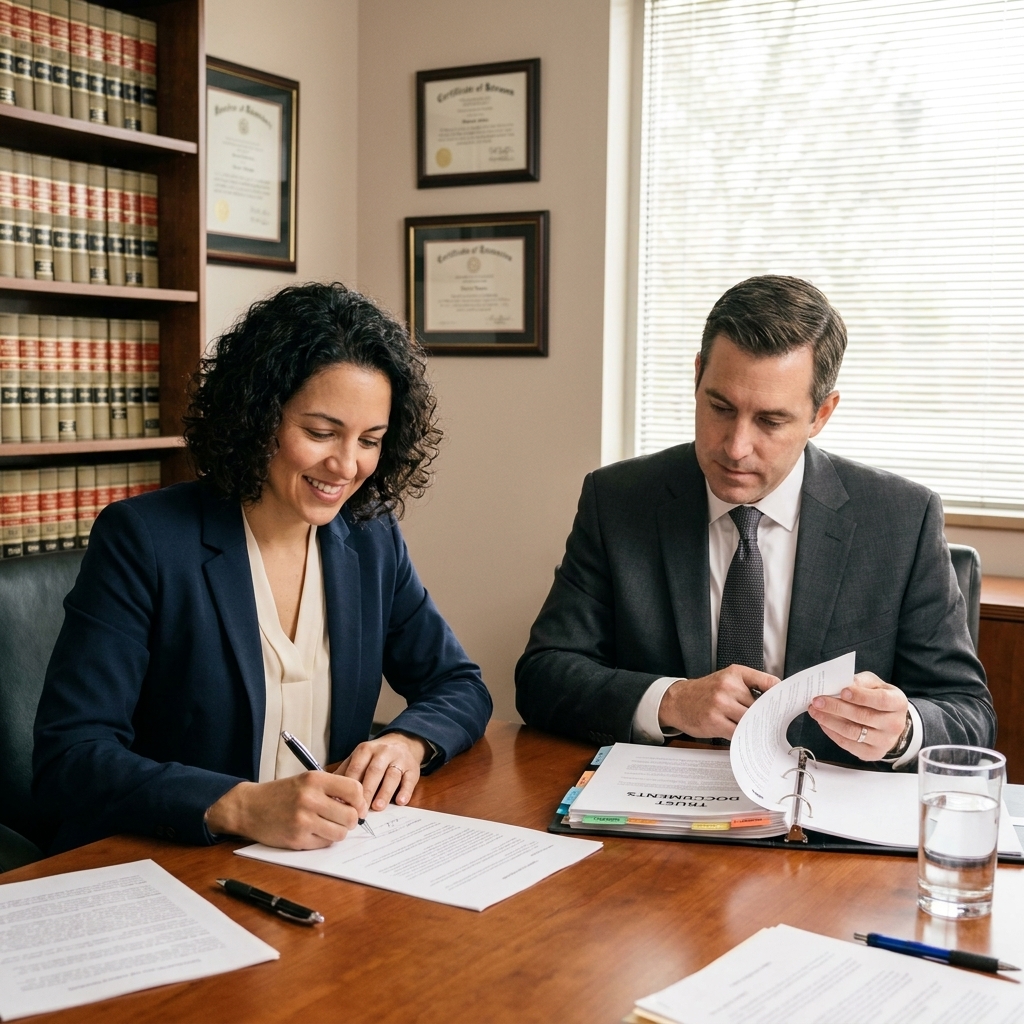 A professional estate planning meeting in an attorney’s office, with a client signing documents while a lawyer reviews a binder of trust paperwork