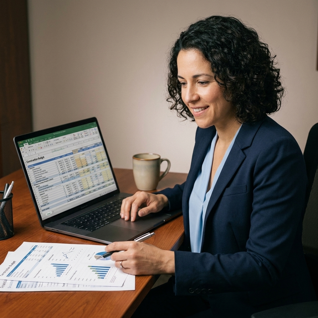 A real estate developer sitting at a desk reviewing a construction budget spreadsheet on a laptop with printed financial statements nearby
