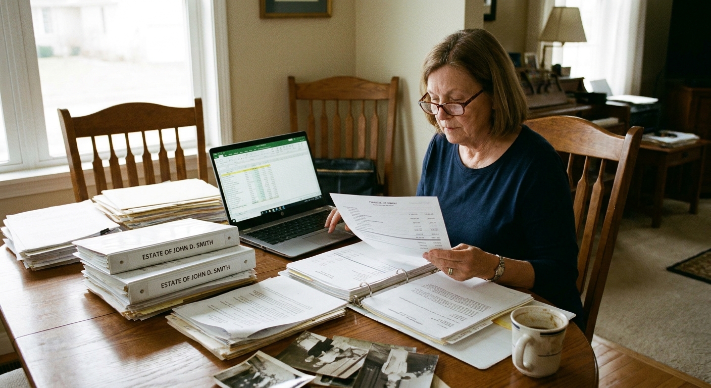 A real-life photograph of an executor seated at a dining table reviewing a stack of financial statements and estate documents with a laptop open
