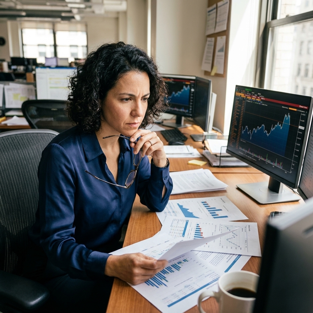 A real photograph of a market participant reviewing financial information in a work setting, focused and thoughtful with screens and papers nearby in natural indoor light
