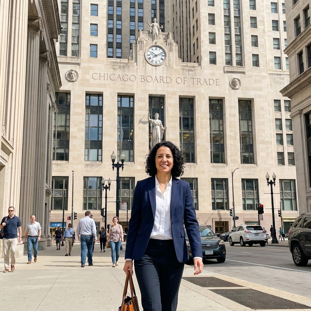 A real-world photograph of the Chicago Board of Trade building exterior on a clear day with pedestrians in the foreground