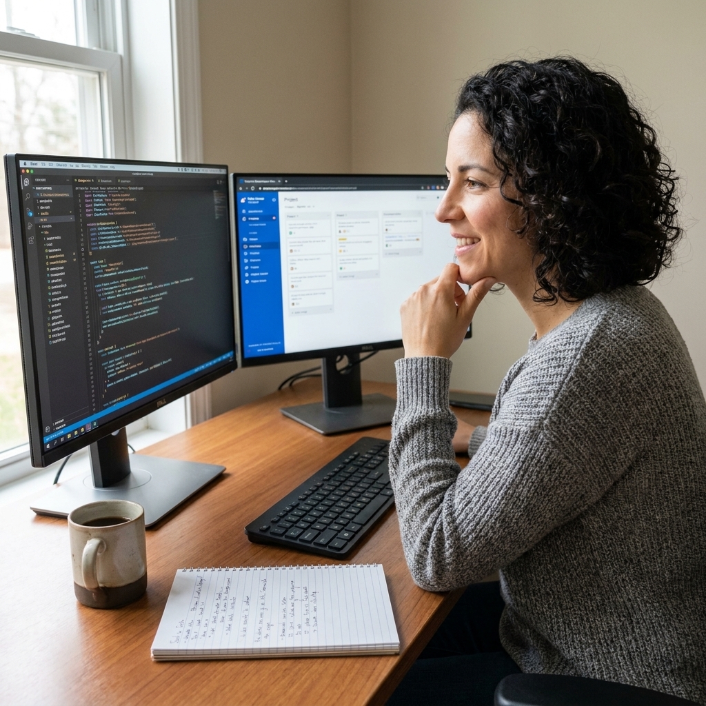 A remote software developer working at a desk with two monitors in a home office, focused on code and project notes