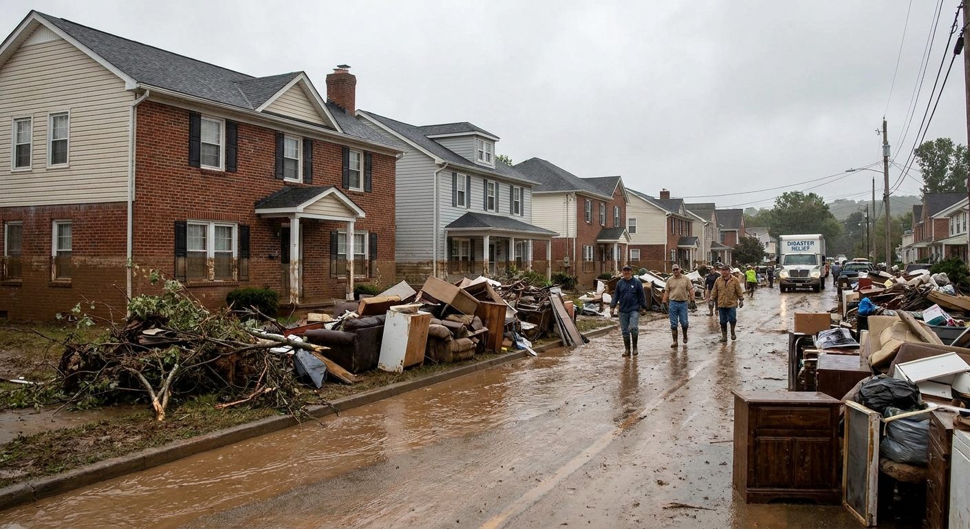 A residential street after a major flood, with water lines visible on homes and debris piled near the curb in a real-life disaster scene
