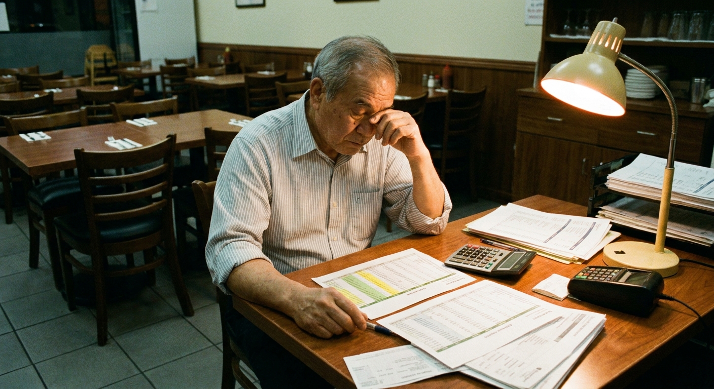 A restaurant owner seated at a desk after hours, reviewing cash flow spreadsheets and bank statements under warm indoor lighting