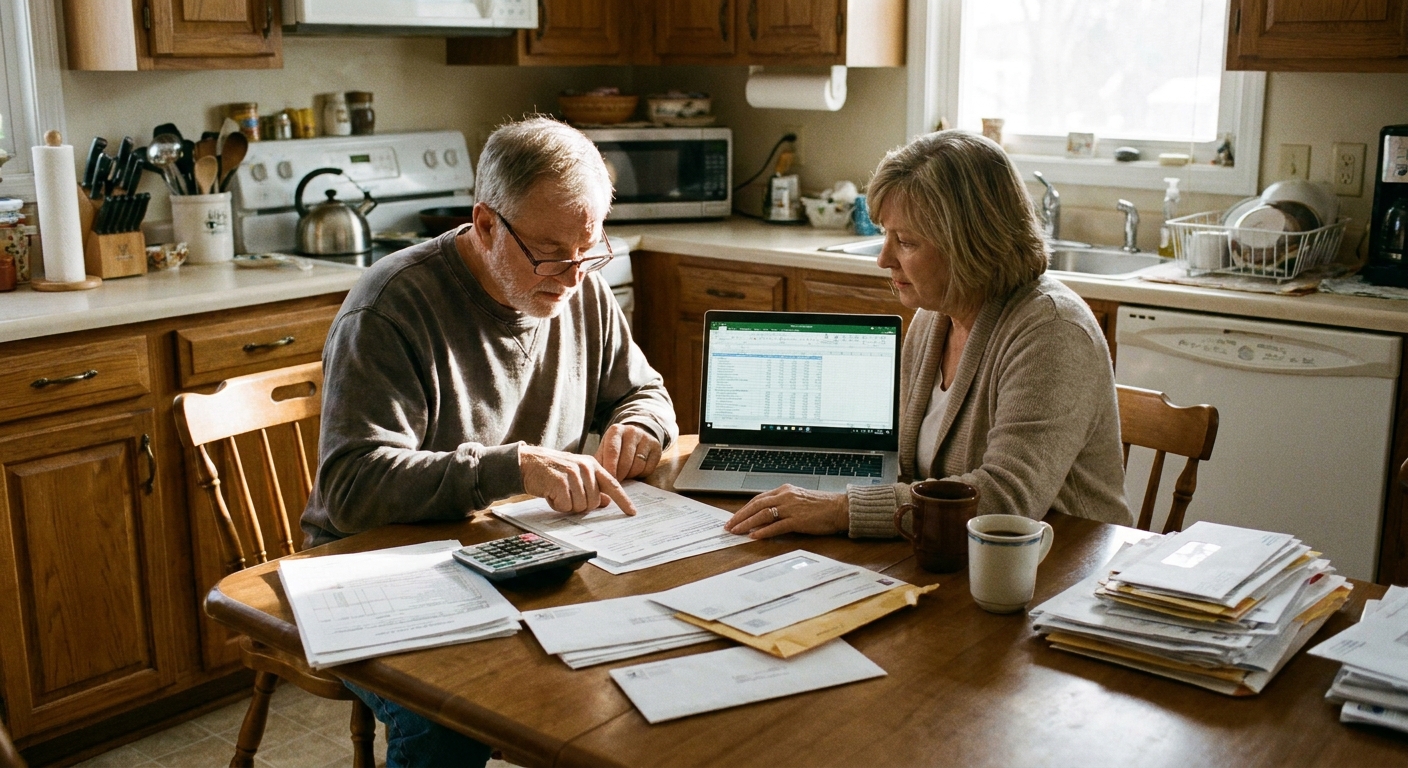 A retired couple sitting at a kitchen table reviewing tax documents and bills with a laptop and a stack of mail in a realistic home setting