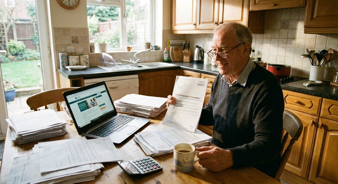 A retiree sitting at a kitchen table reviewing pension paperwork with a laptop and a calculator nearby