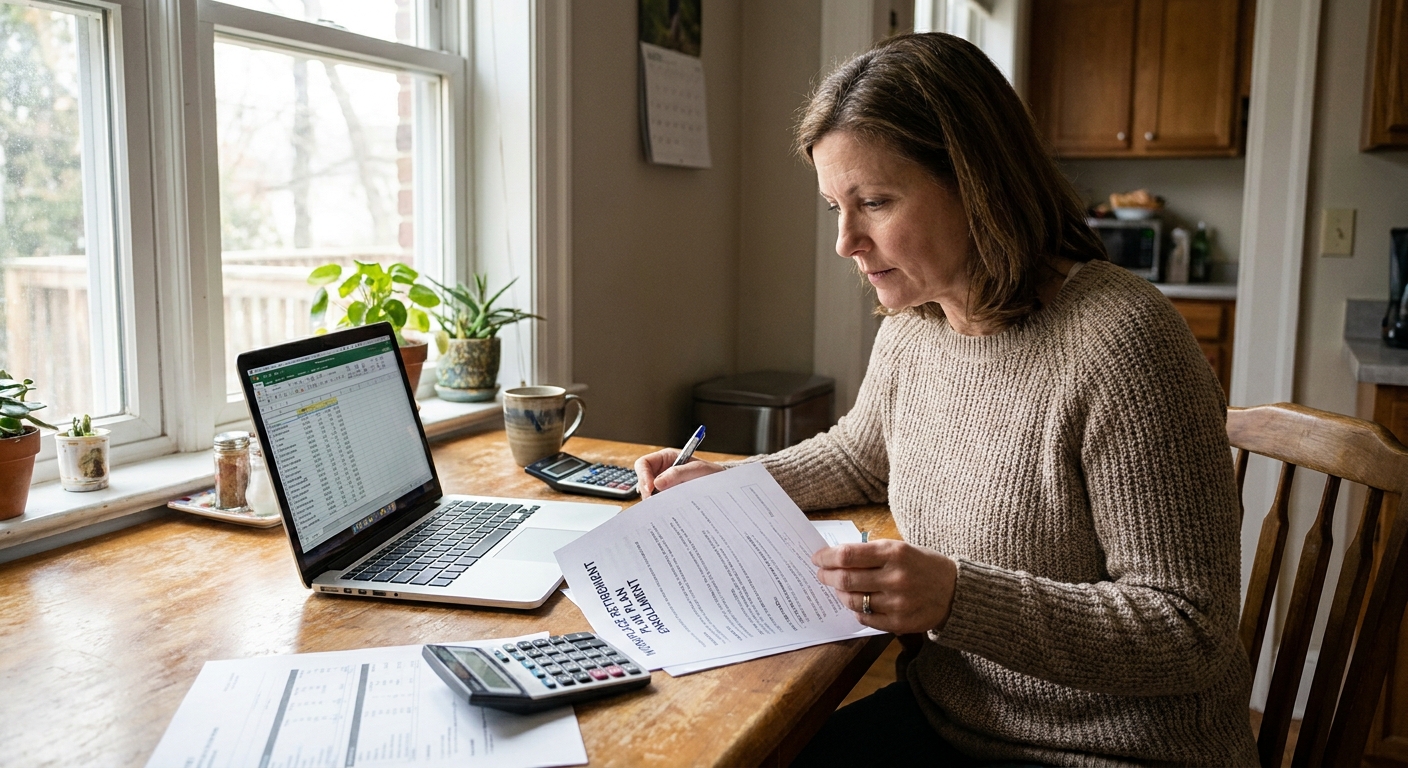 A salaried employee sitting at a kitchen table reviewing workplace retirement plan enrollment papers next to a laptop and a calculator in natural window light