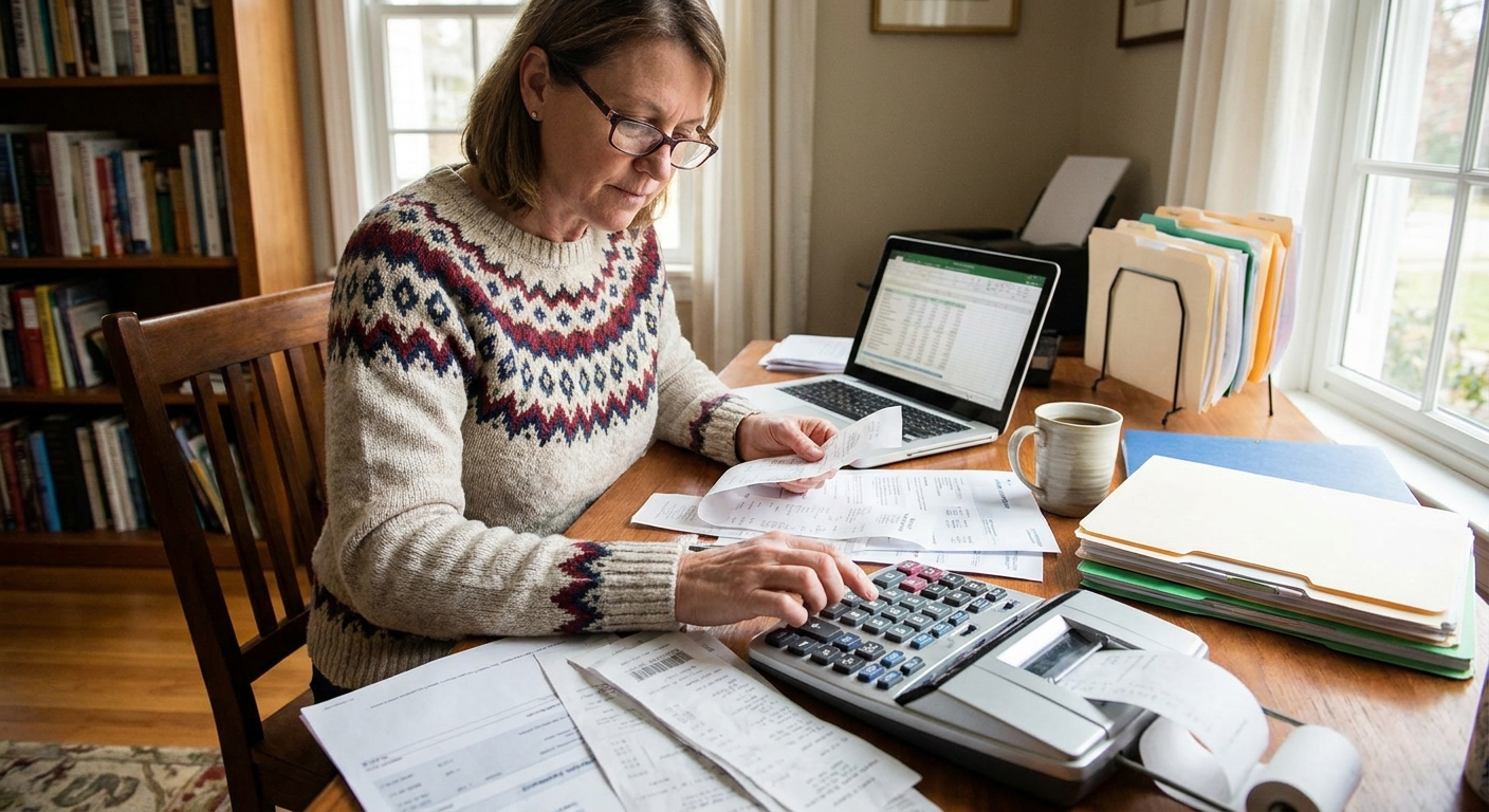 A self-employed professional at a desk sorting paper receipts and bank statements next to a calculator