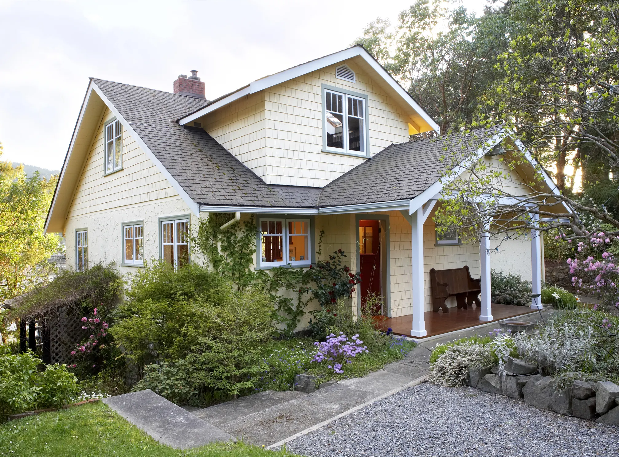 A single-family home with a well-kept front yard on a clear day, photographed from the sidewalk