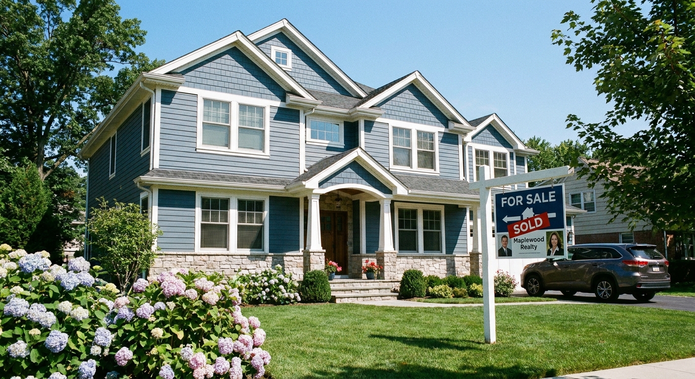 A single-family suburban home with a real estate sign in the front yard on a clear day.