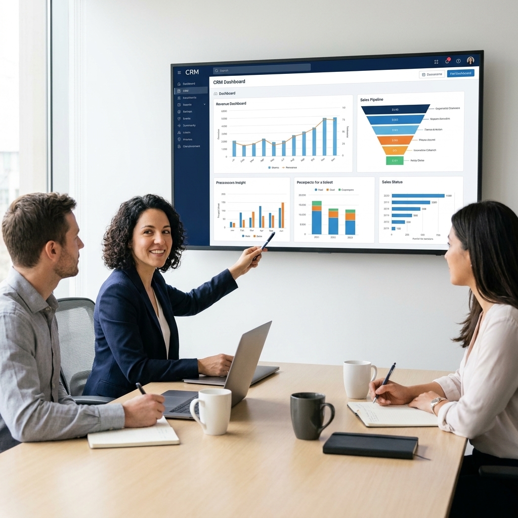 A small B2B sales team reviewing a CRM dashboard on a large monitor in a conference room during a weekly pipeline meeting