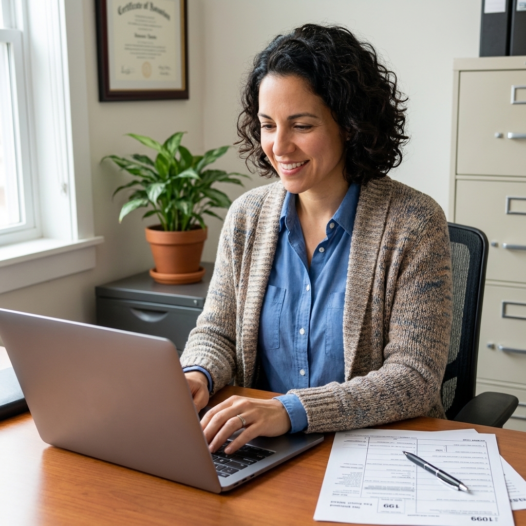 A small business HR manager reviewing onboarding forms on a laptop while a printed tax document sits on the desk in an office setting