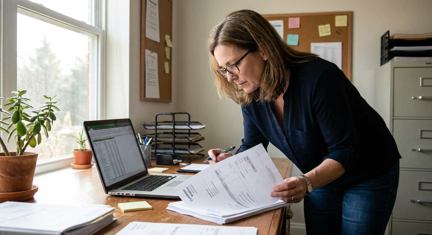 A small business finance manager sitting at a desk reviewing printed customer invoices next to a laptop, office setting with natural window light