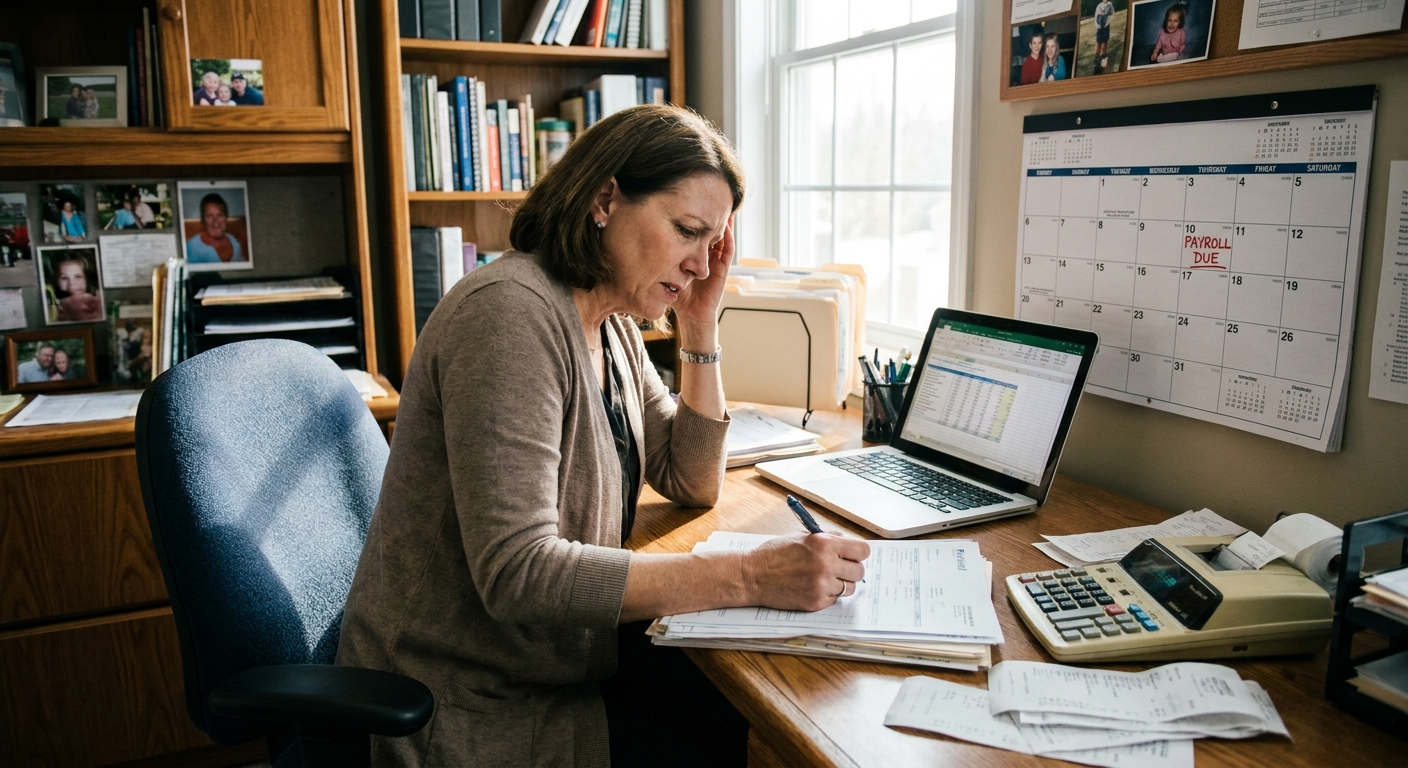 A small business manager in an office reviewing payroll paperwork beside a laptop, with a calendar and calculator on the desk